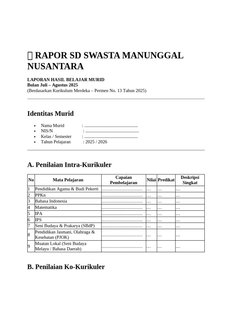 Rapor Hasil Belajar SD 2025 | PDF