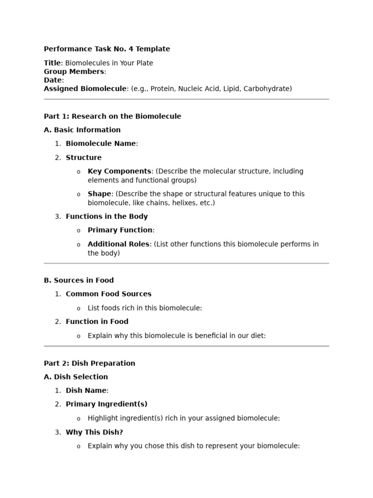 Performance Task No 4 Template | PDF | Biomolecules | Foods