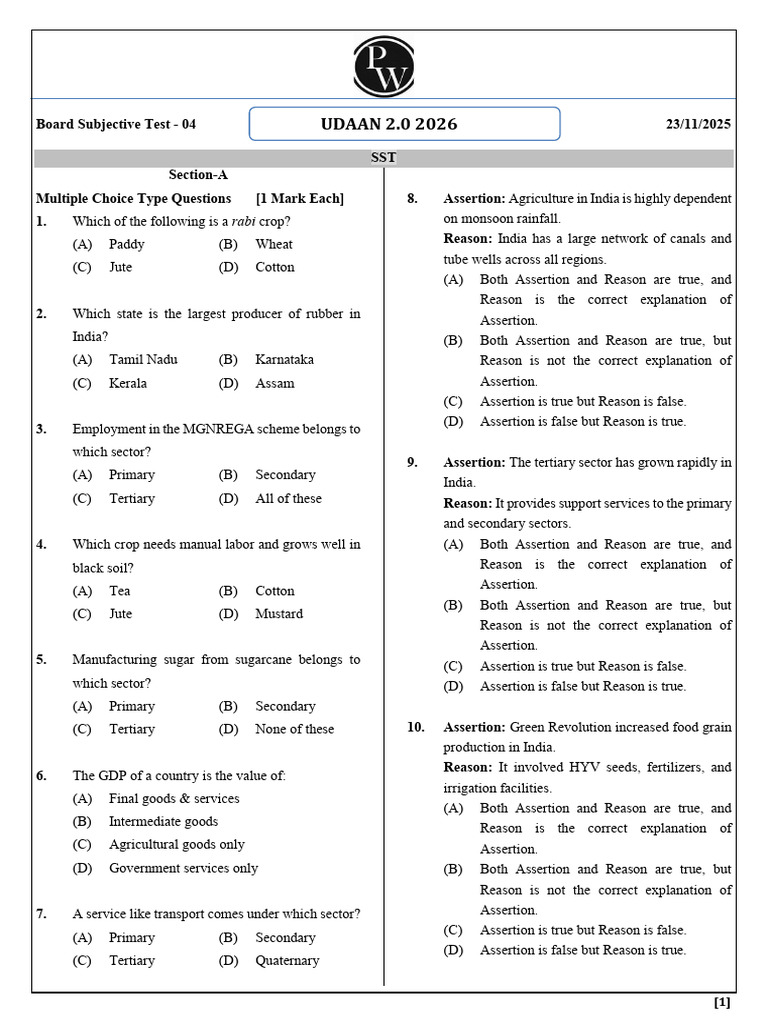 Board Subjective Test 04 _Test Paper (SST) | PDF | Agriculture | Food ...