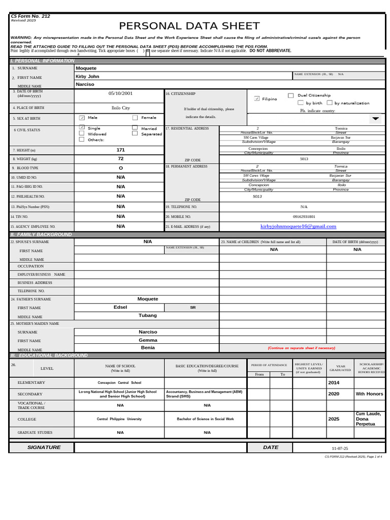 Personal Data Sheet CS Form 212 | PDF | Affidavit | Government