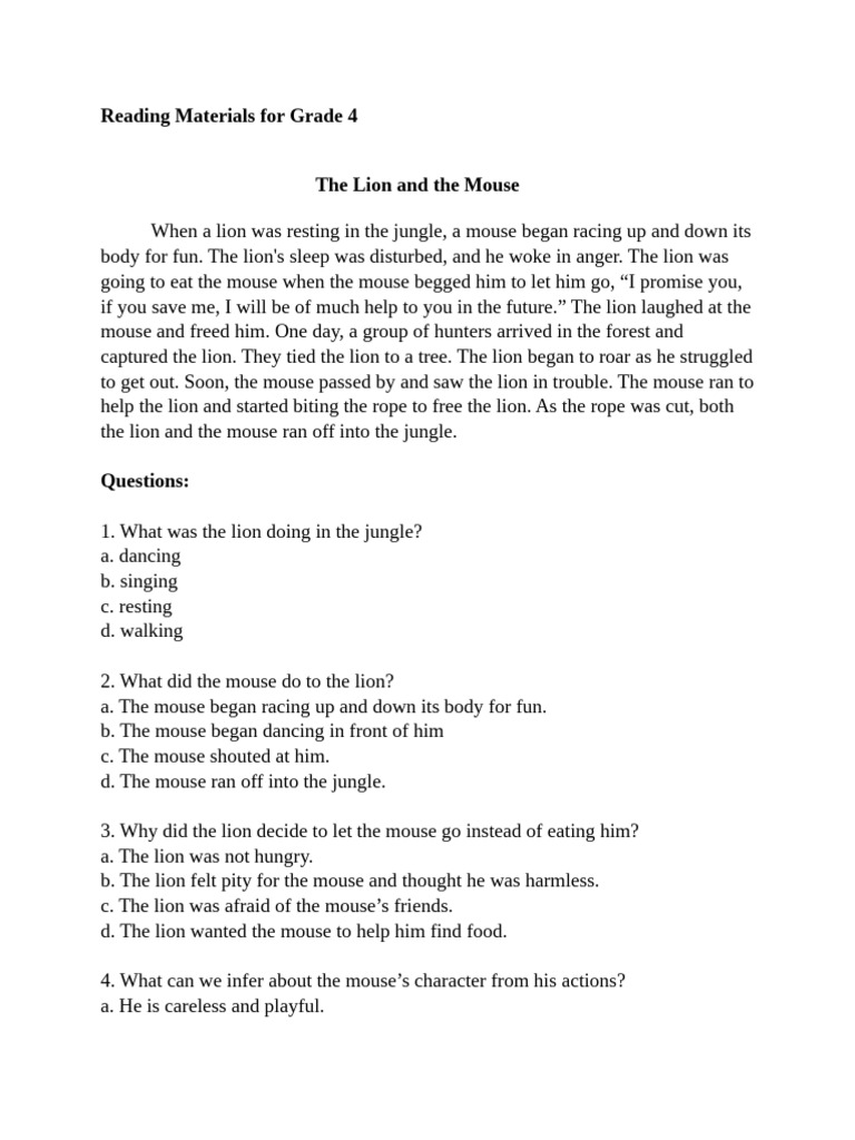 Grade 4 Reading Comprehension Stories | PDF