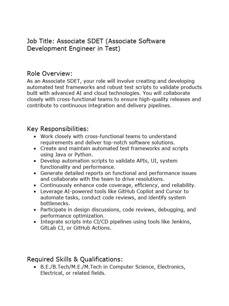 Associate SDET Job Description and Skills | PDF