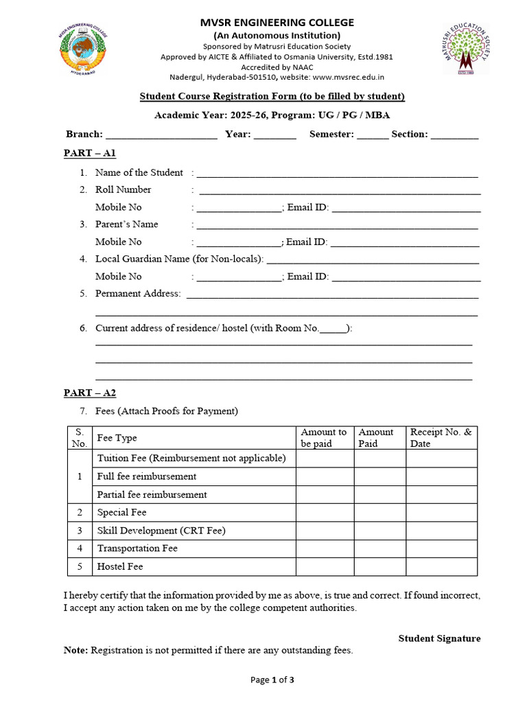 MVSR Engineering College Course Registration Form | PDF