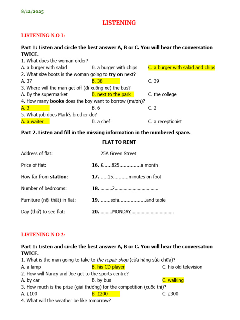 Listening Practice Exercises for ESL | PDF