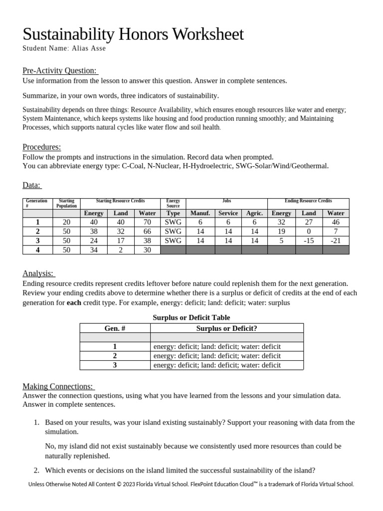 Sustainability Indicators Worksheet | PDF