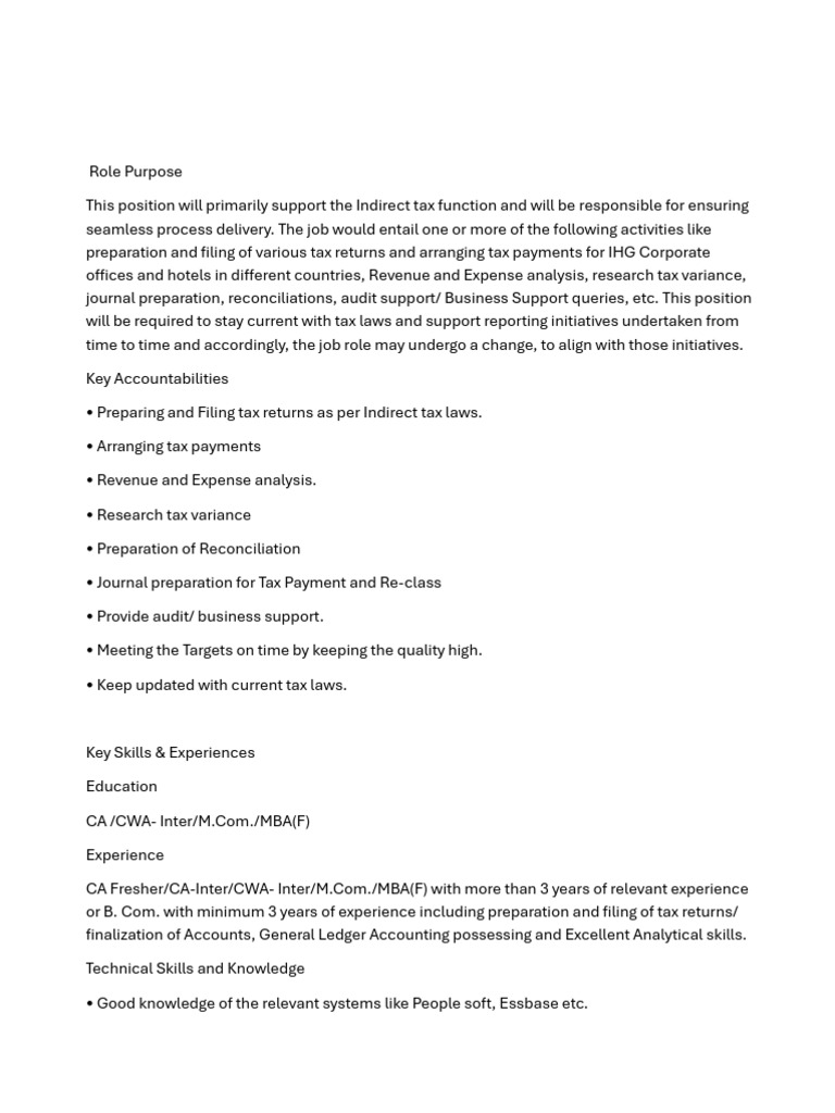 Indirect Tax Support Specialist Role | PDF