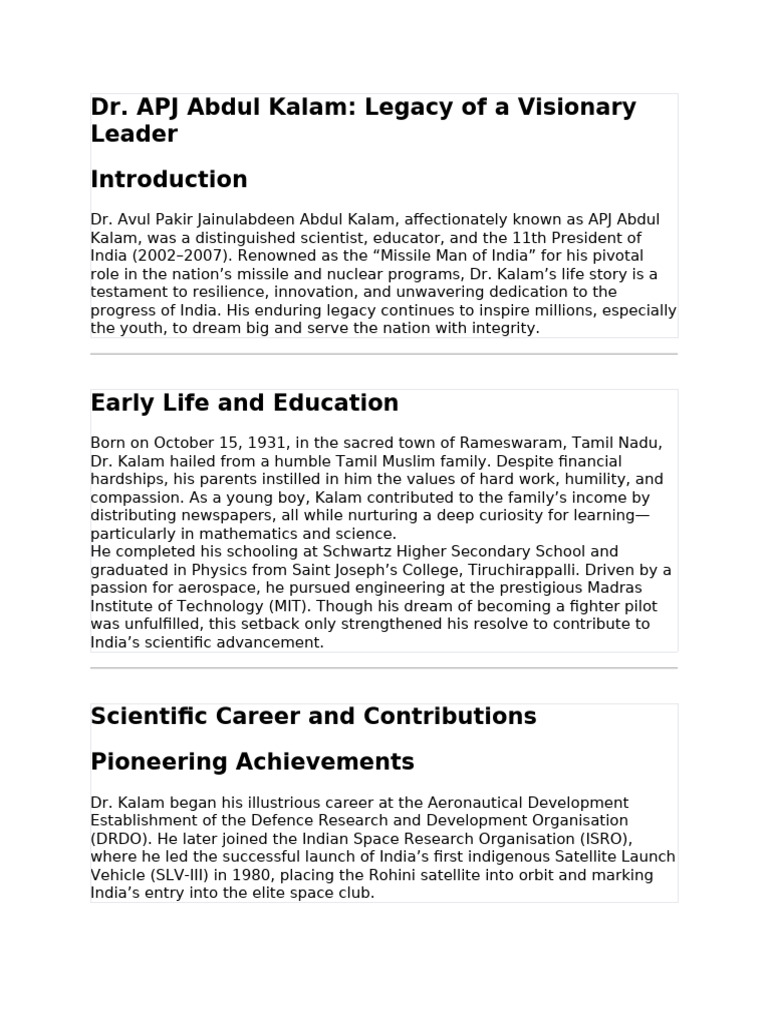 APJ Abdul Kalam: Visionary Leader's Legacy | PDF