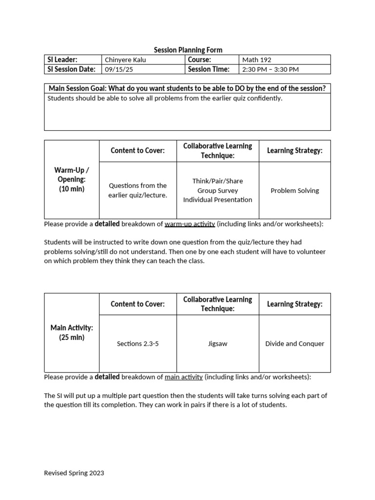 SI Planner 09.15 | PDF | Behavior Modification | Teaching