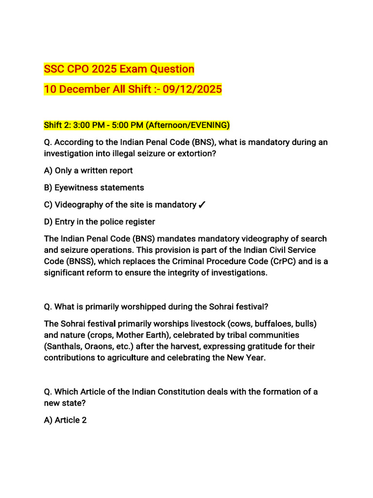 SSC CPO 2025 Exam Questions & Answers | PDF