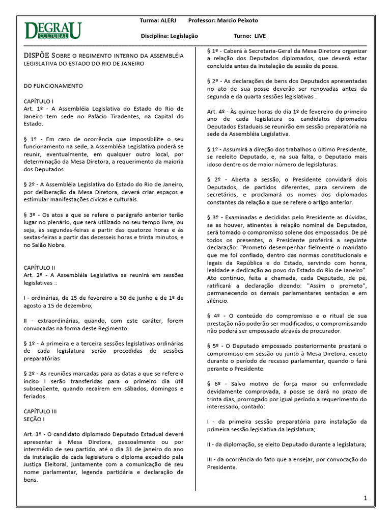 Regimento Interno da ALERJ: Funcionamento | PDF | Emenda Constitucional ...