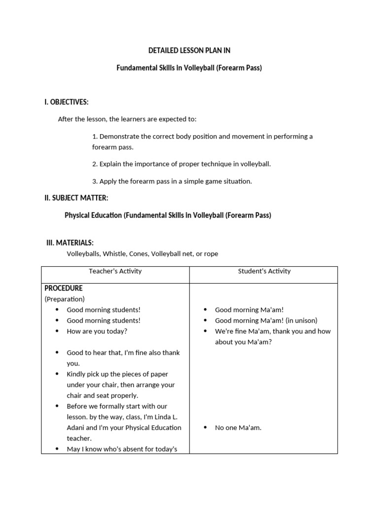 Volleyball Forearm Pass Lesson Plan | PDF | Hand | Arm