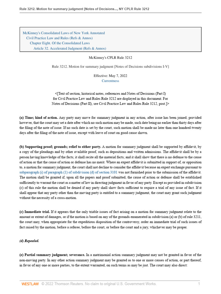 NY CPLR Rule 3212: Summary Judgment Guide | PDF | Summary Judgment ...