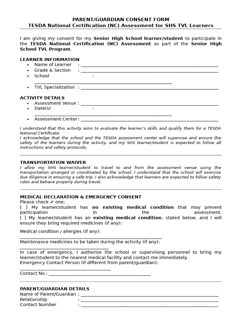 TESDA NC Assessment Consent Form | PDF