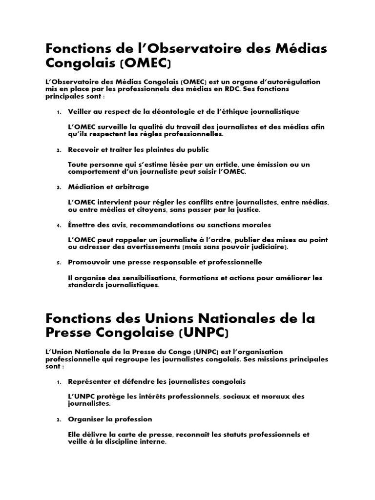 Fonctions de l'OMEC et de l'UNPC en RDC | PDF