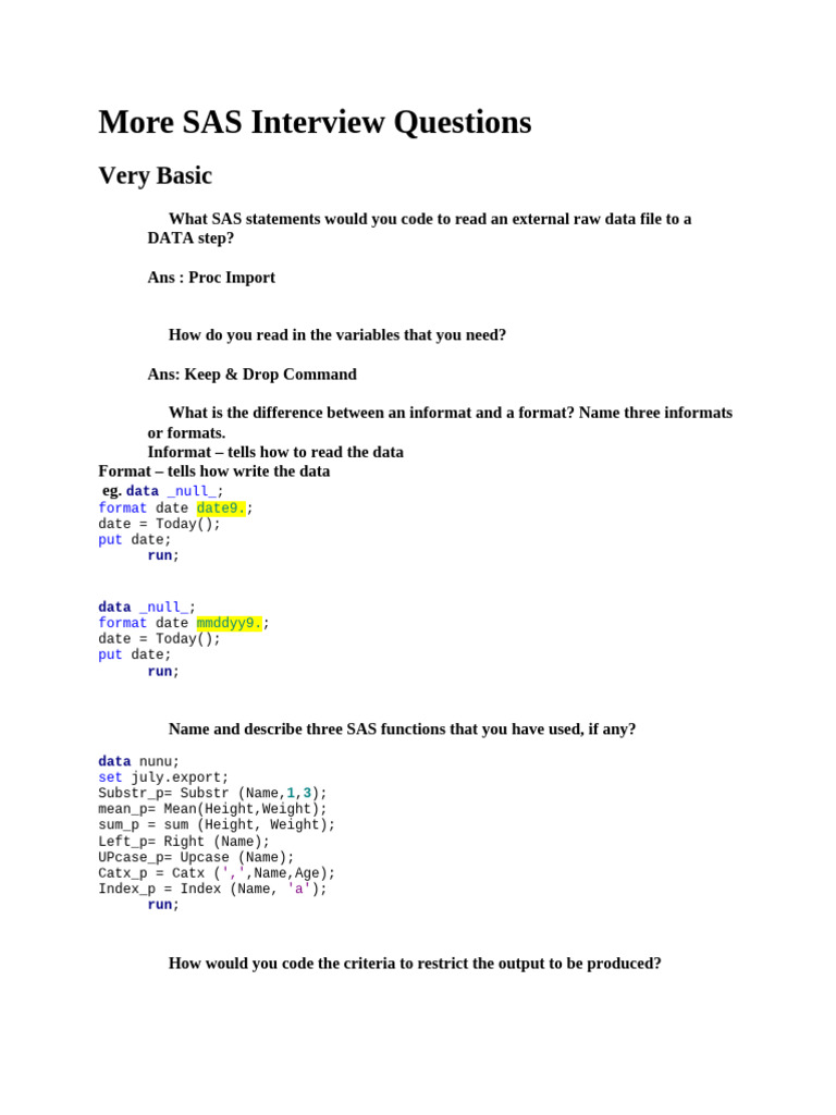 Essential SAS Interview Questions Guide | PDF | Sas (Software ...