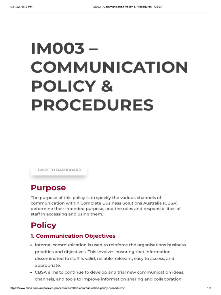 BSBMKG622 - IM003 - Communication Policy & Procedures - CBSA.v1.0 | PDF ...