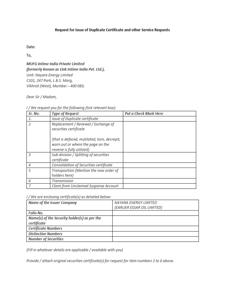 Format Request Form For Issue of Duplicate Share Certificate and ...