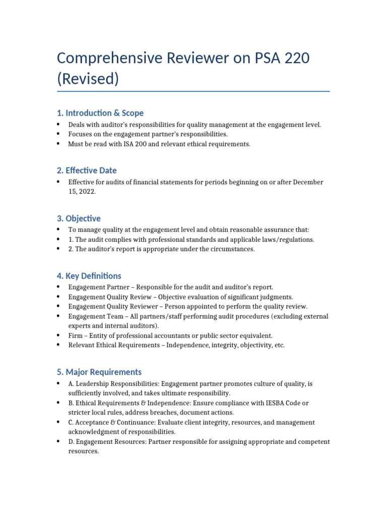 PSA 220 Revised: Auditor Quality Management | PDF | Audit | Auditor's ...