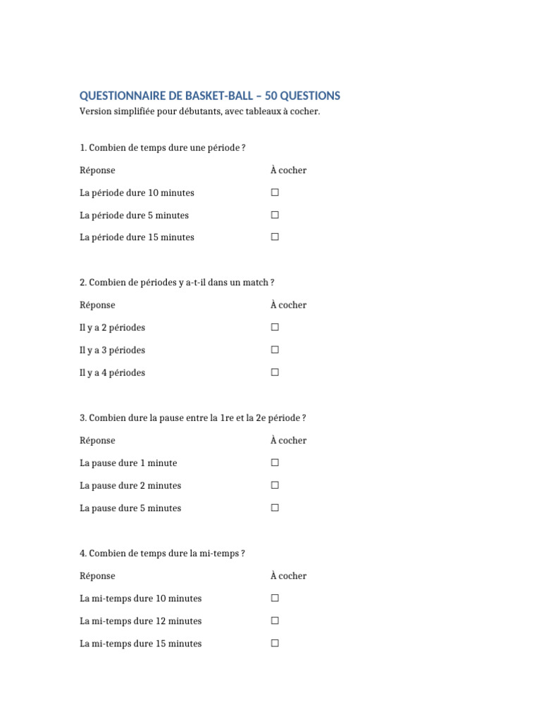 Questionnaire Basket-Ball Débutants | PDF | Règles et réglementation ...