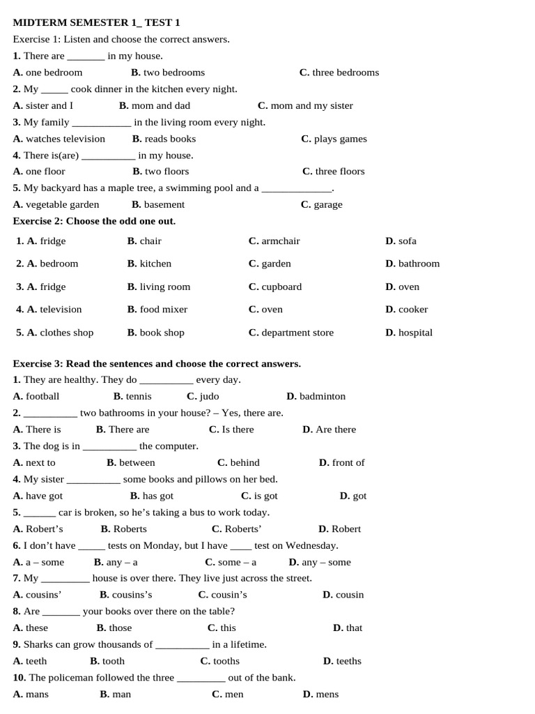 Midterm Test 1: Listening & Reading Exercises | PDF | Bedroom ...