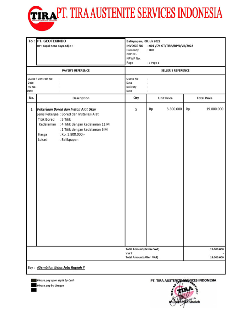 Invoice for Bored Installation Services | PDF | Indonesian Rupiah ...