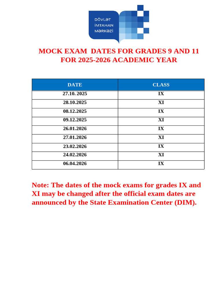 2025-2026 Mock Exam Dates for Grades 9 & 11 | PDF
