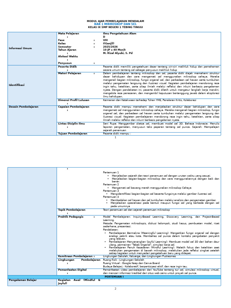 Contoh Modul Ajar Pembelajaran Mendalam | PDF
