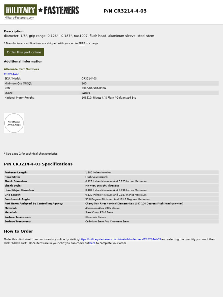 CR3214-4-03 Blind Rivet Specifications | PDF