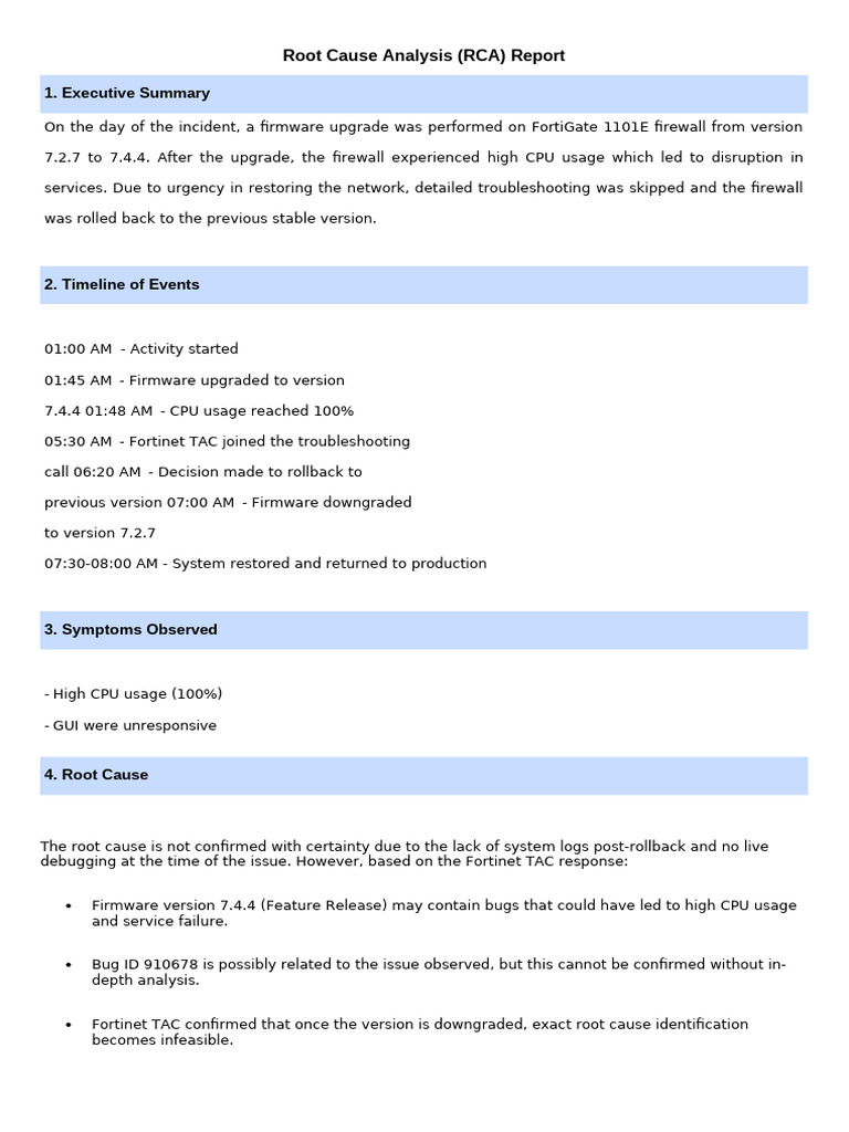 FortiGate 1101E RCA: Firmware Upgrade Issues | PDF