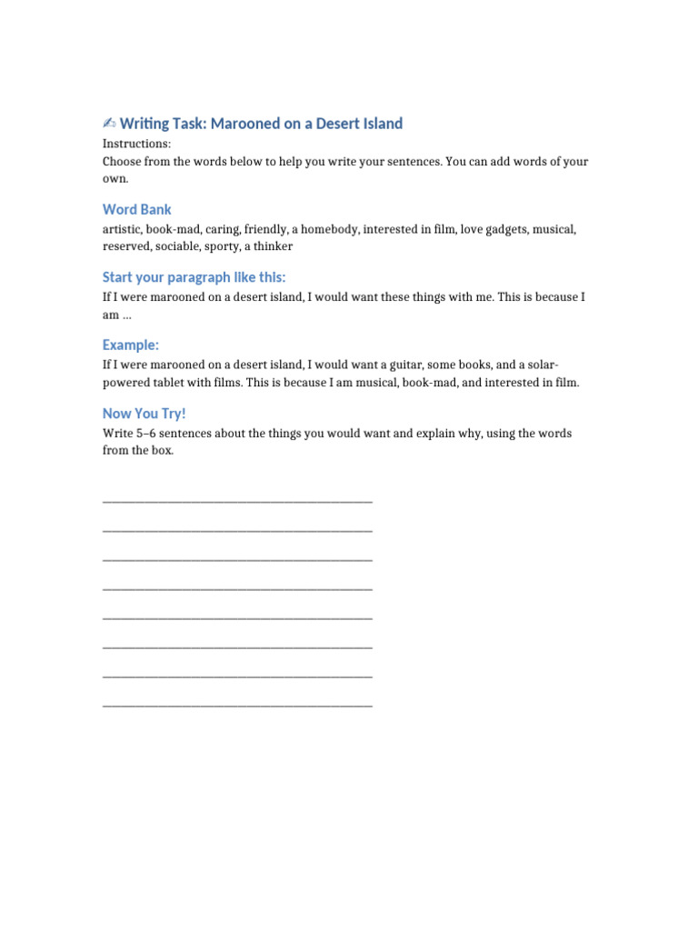Desert Island Survival Writing Exercise | PDF