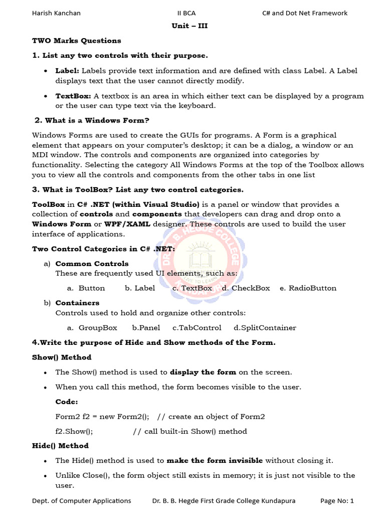 C# Windows Forms Controls Overview | PDF | Databases | Keyboard Shortcut