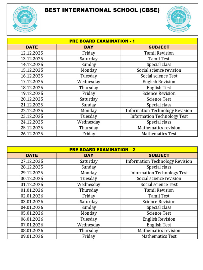 Grade - X Pre Board Exam Time Table | PDF