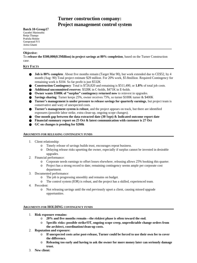 Turner Construction Contingency Fund Analysis | PDF | Risk | Data