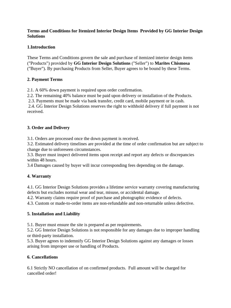 GG Interior Design Terms & Conditions | PDF | Payments | Private Law