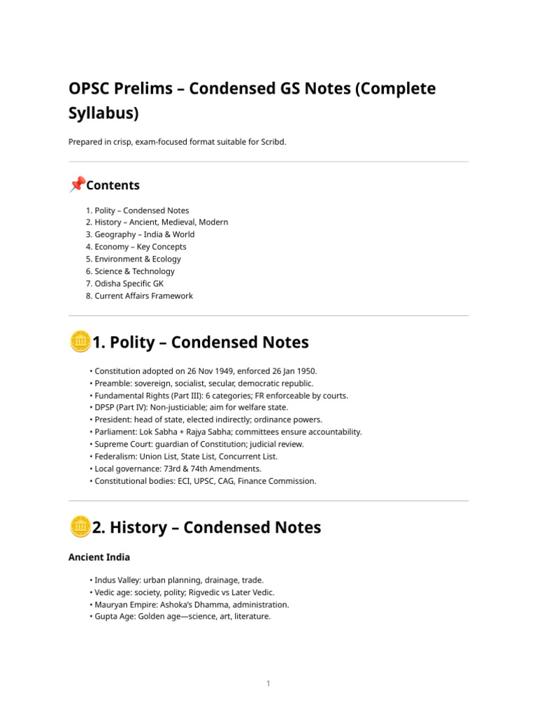 OPSC Prelims GS Notes Overview | PDF