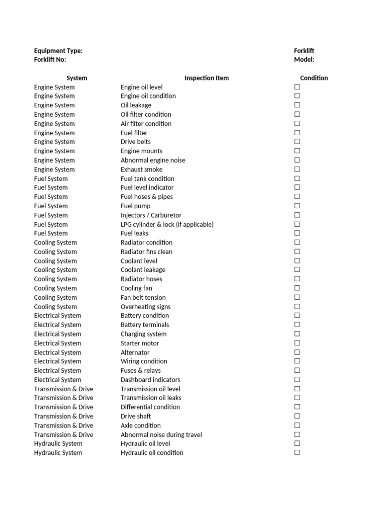 Forklift Inspection Checklist Guide | PDF | Radiator | Tire