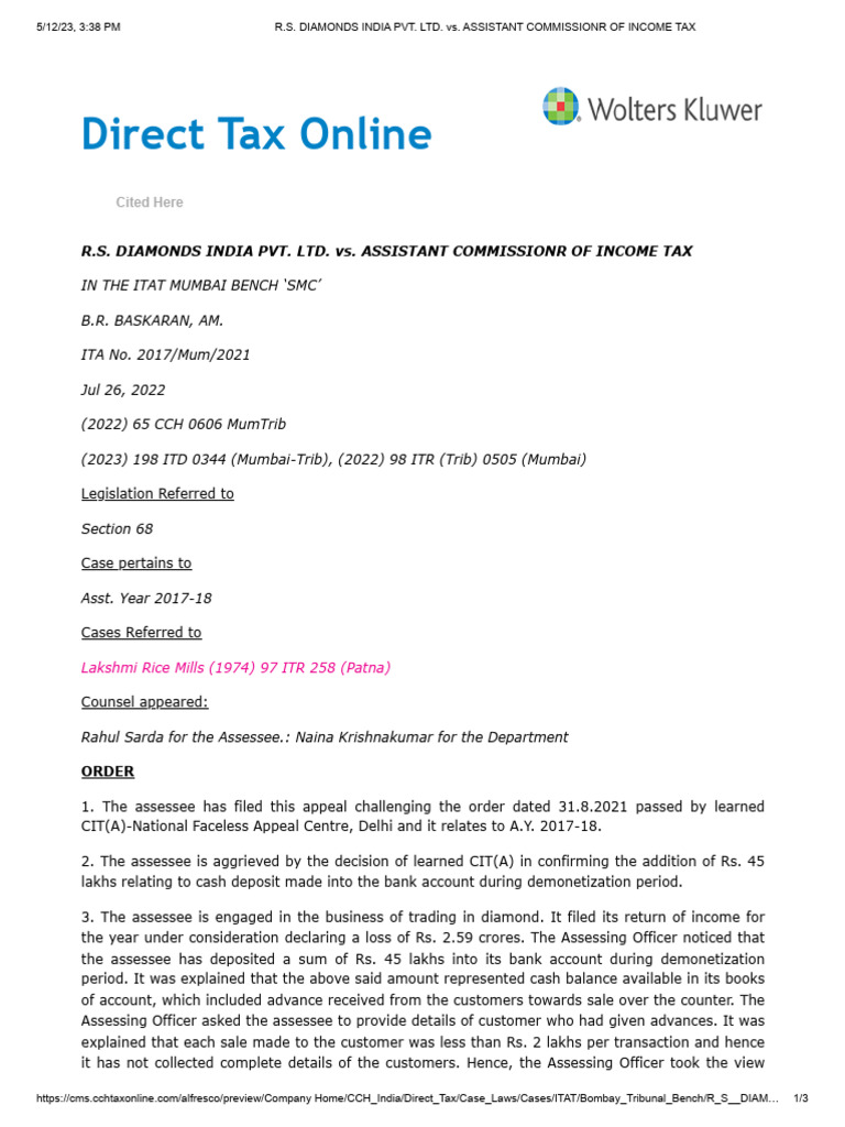 R.S. Diamonds vs. Income Tax Appeal Outcome | PDF | Economies | Money