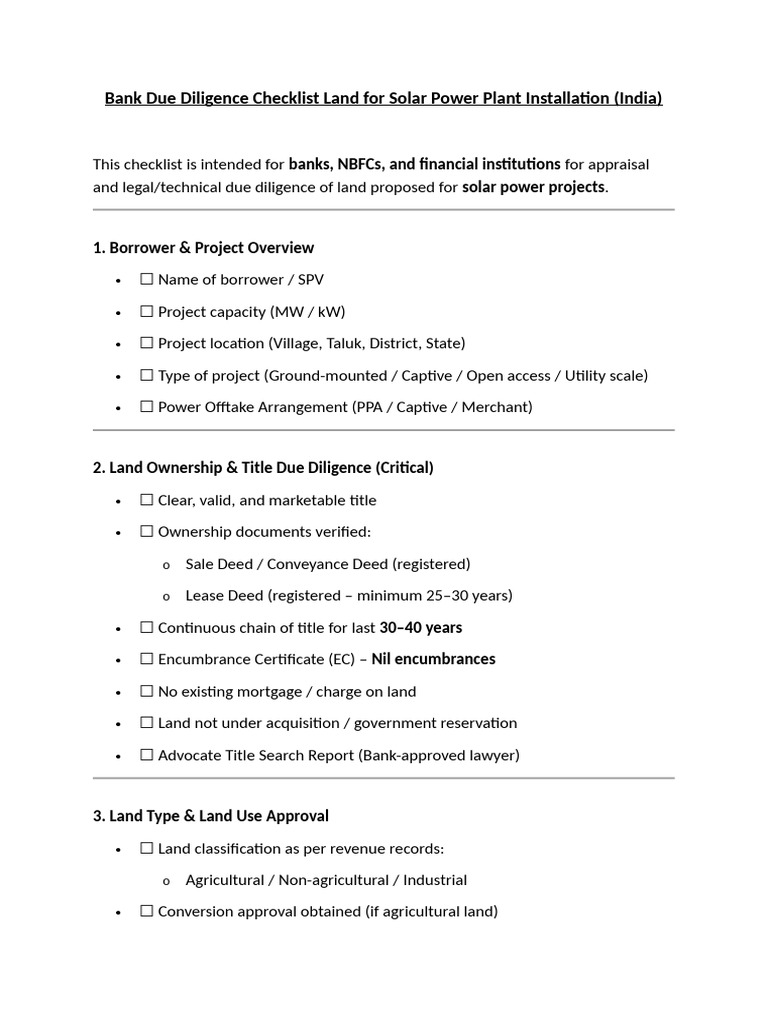 Solar Land Due Diligence Checklist India | PDF | Deed | Solar Power