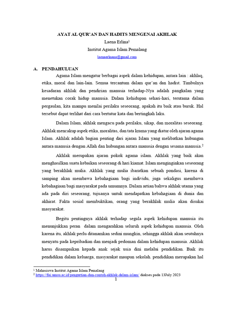 Ayat Al-Qur'an dan Hadits tentang Akhlak | PDF