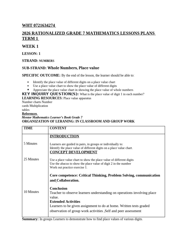 Grade 7 Math Lesson Plans: Place Value | PDF | Learning | Mentorship
