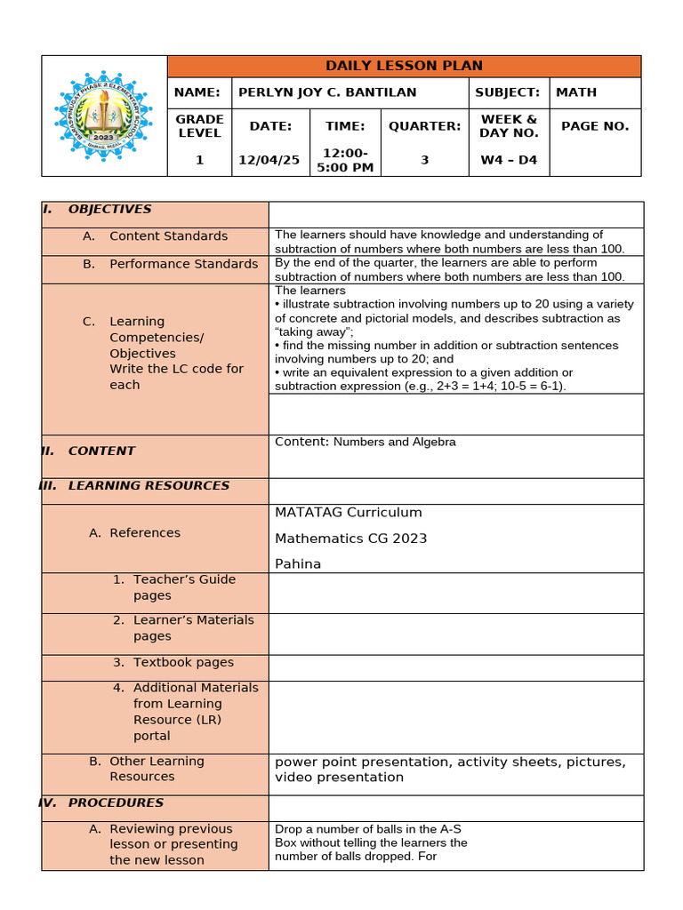 Perlyn Joy c. Bantilan Math 1-12-03 25 | PDF | Subtraction | Learning