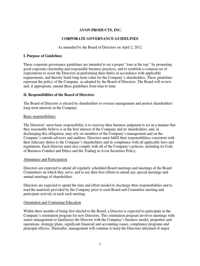 Avon Corporate Governance Guidelines | PDF | Board Of Directors ...