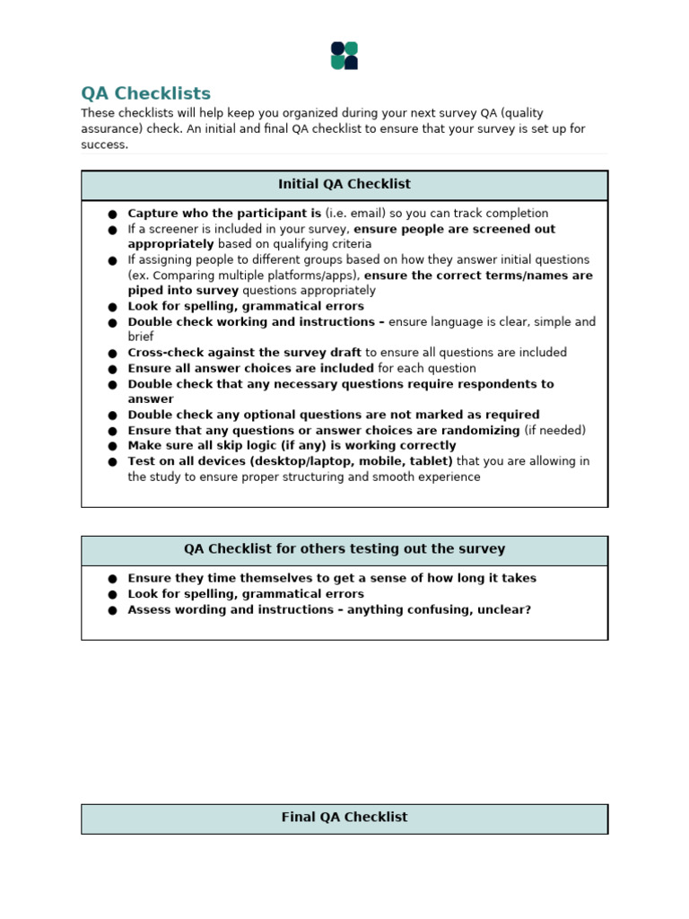 Essential QA Checklists for Surveys | PDF | Software | Computing