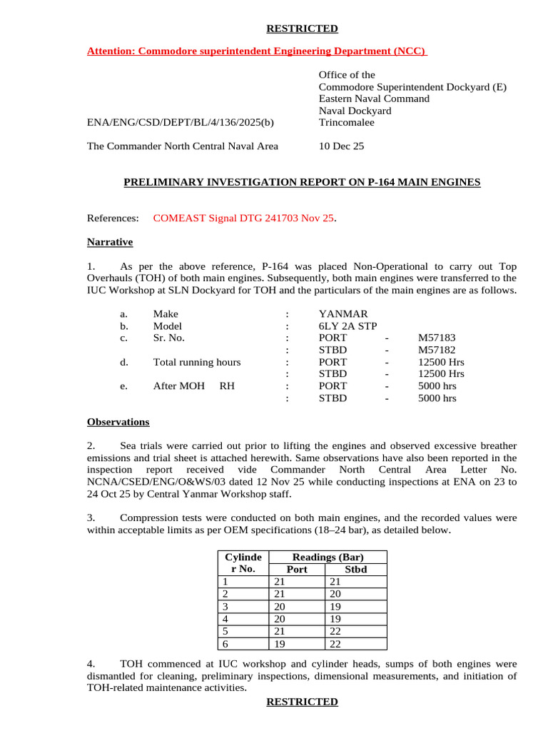 P-164 Main Engines Investigation Report | PDF