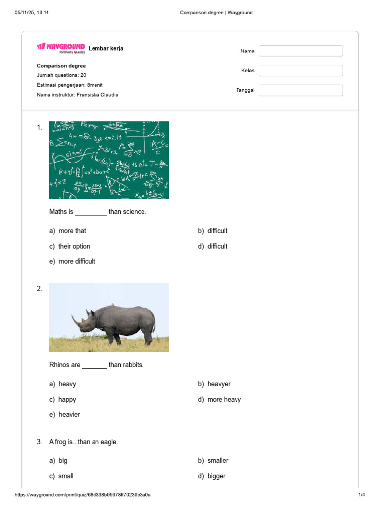 Comparison Degree Quiz Worksheet | PDF | Chess Openings | Chess