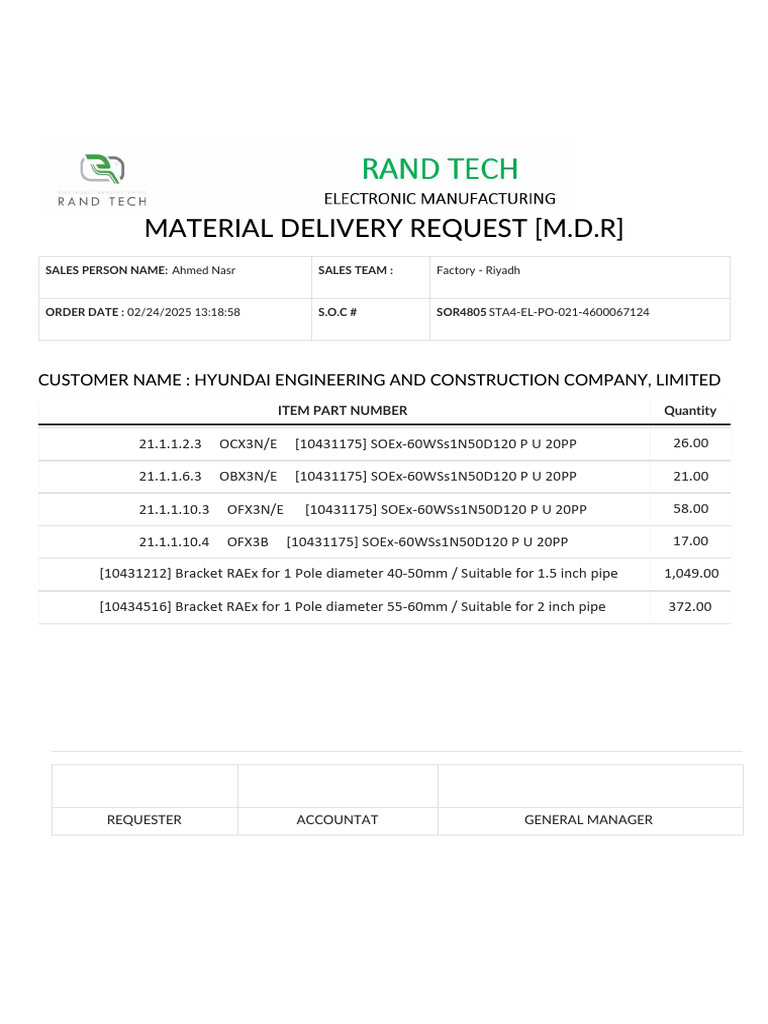 Material Delivery Request for Hyundai | PDF