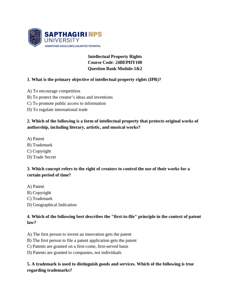 Intellectual Property Rights Question Bank | PDF | Intellectual ...