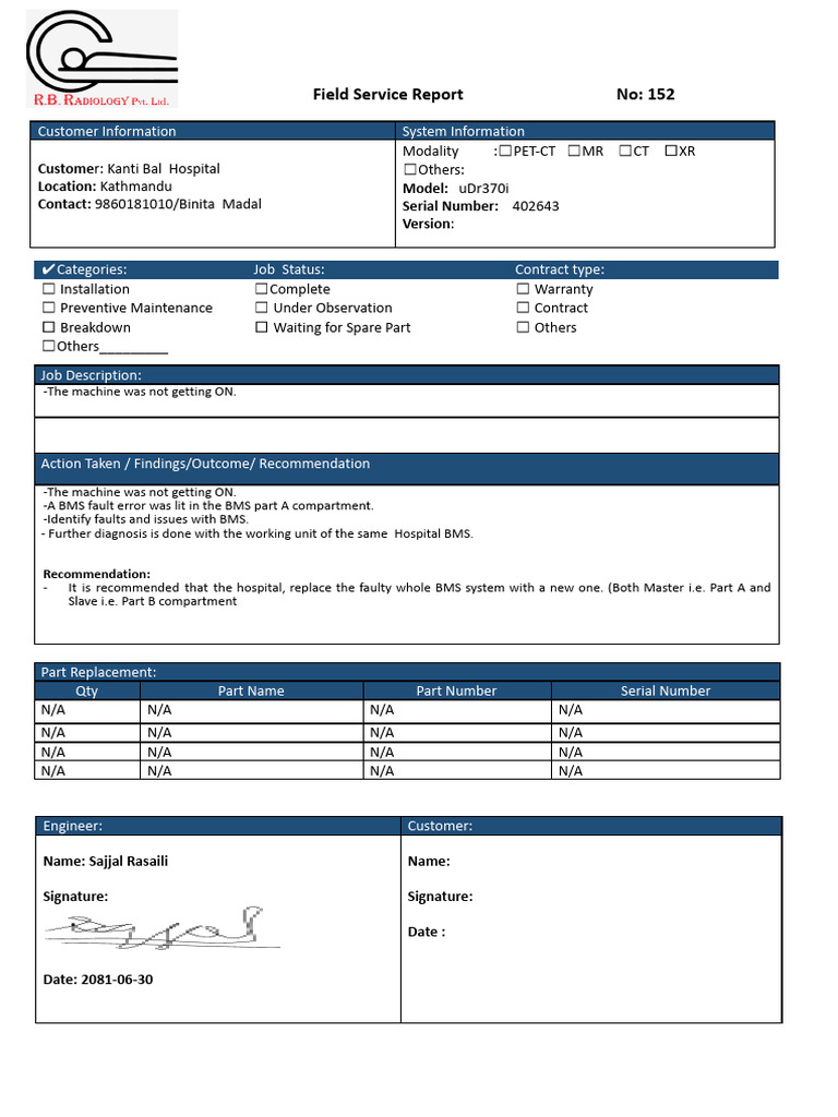 Field Service Report for Kanti Bal Hospital | PDF