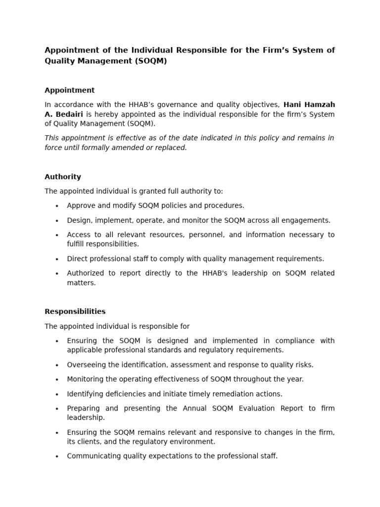 Task 1 Appointment of Individual Responsible For SOQM | PDF ...