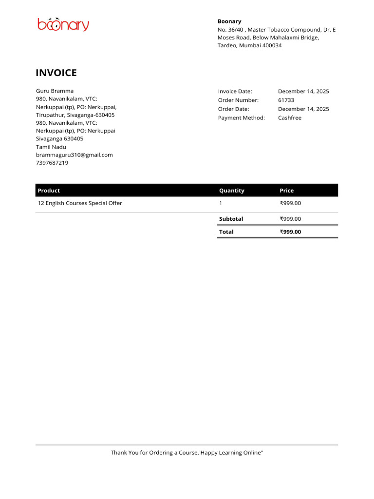 Invoice for English Course Purchase | PDF